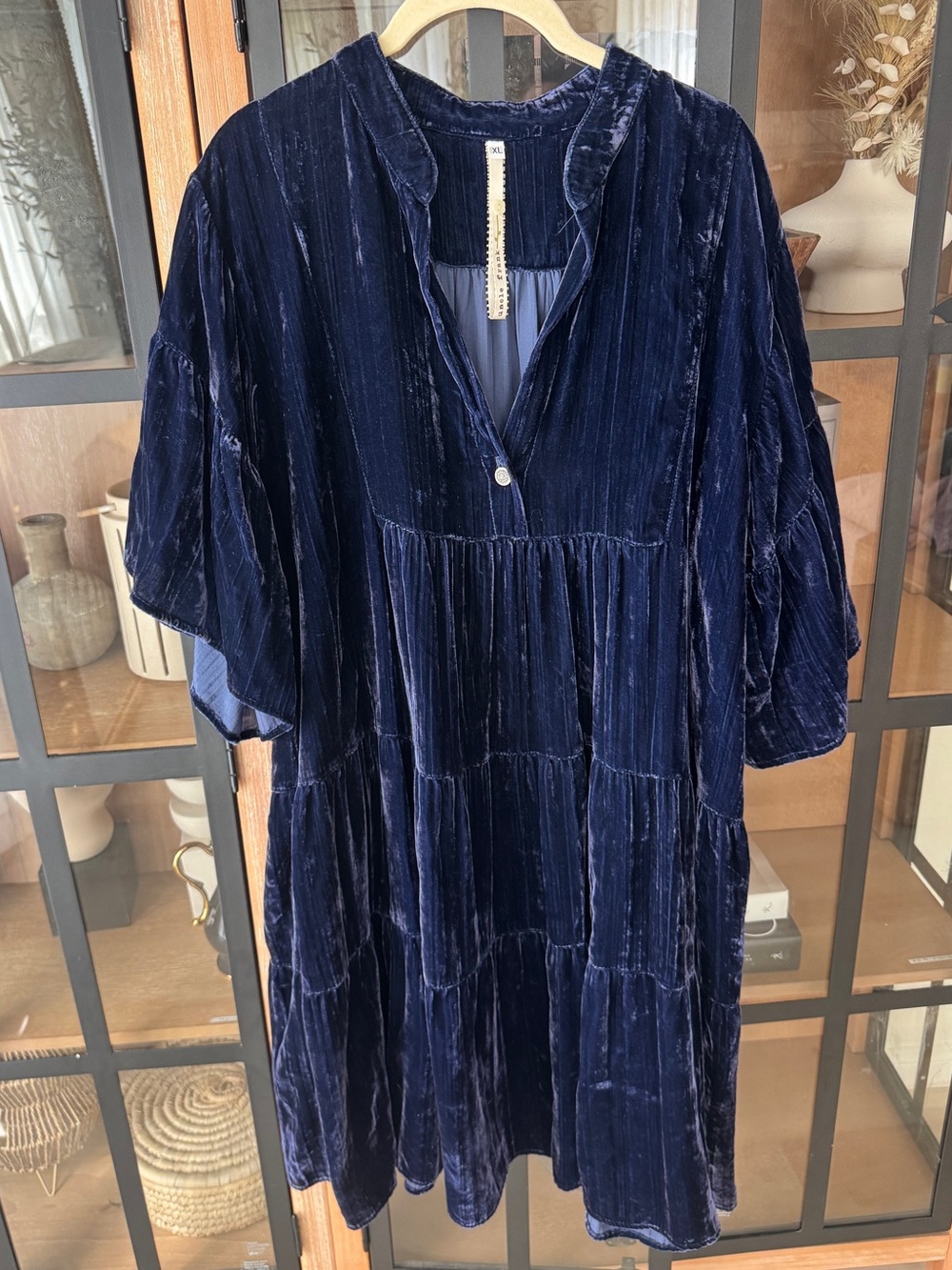 Uncle Frank velvet tiered dress navy collar splice ruffle bell sleeve babydoll